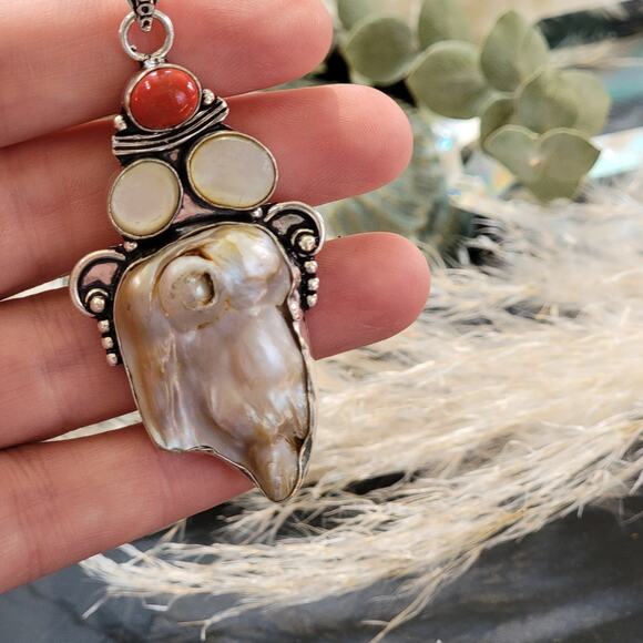 Baroque Pearl & Red Jasper Sterling Silver Pendant Necklace - Timeless Elegance - Picture 9 of 10